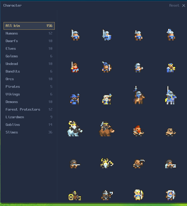 The character picker, a grid of pixel characters with a race list down the side